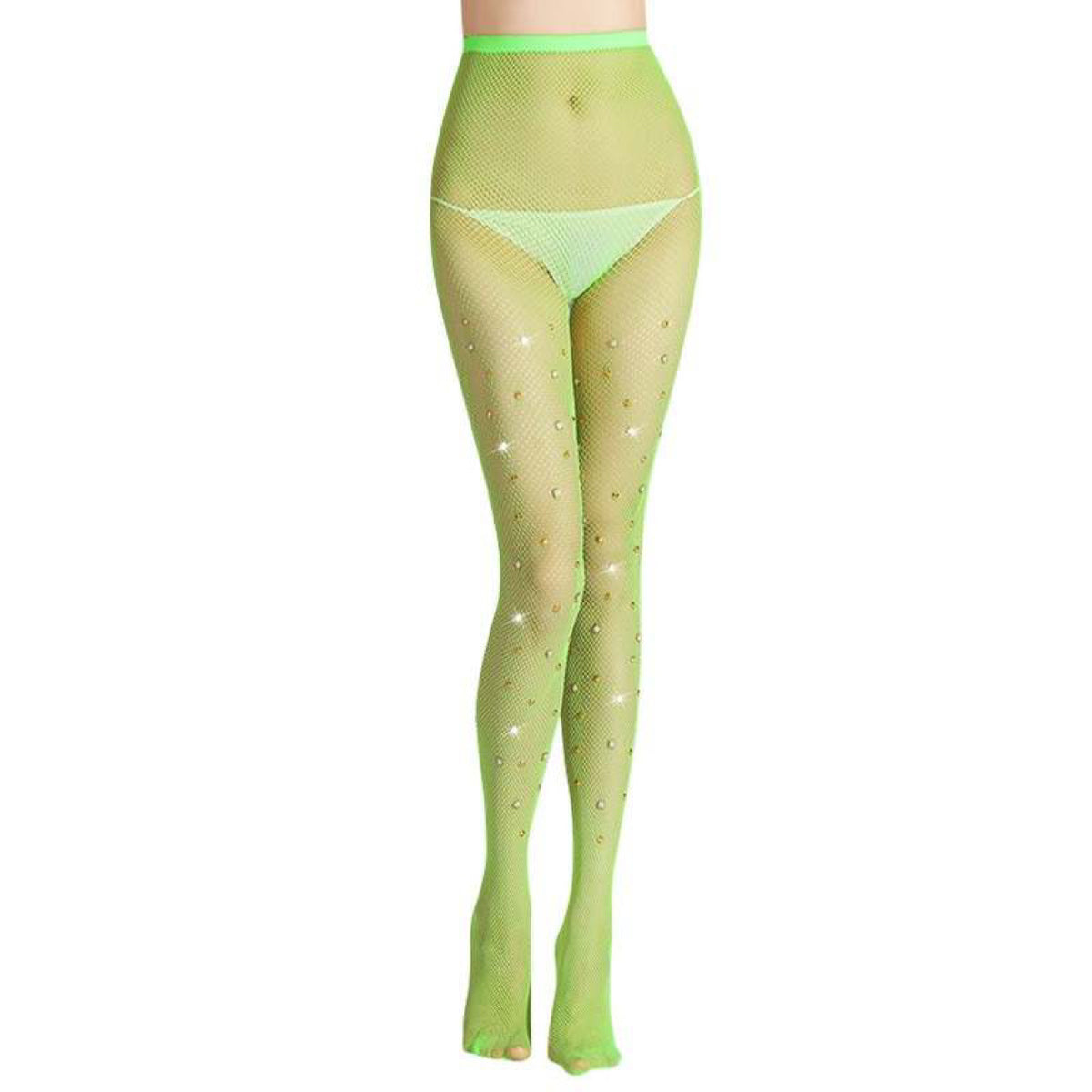 Large pearl & gold stones Fishnet Stockings - Lime Green Neon