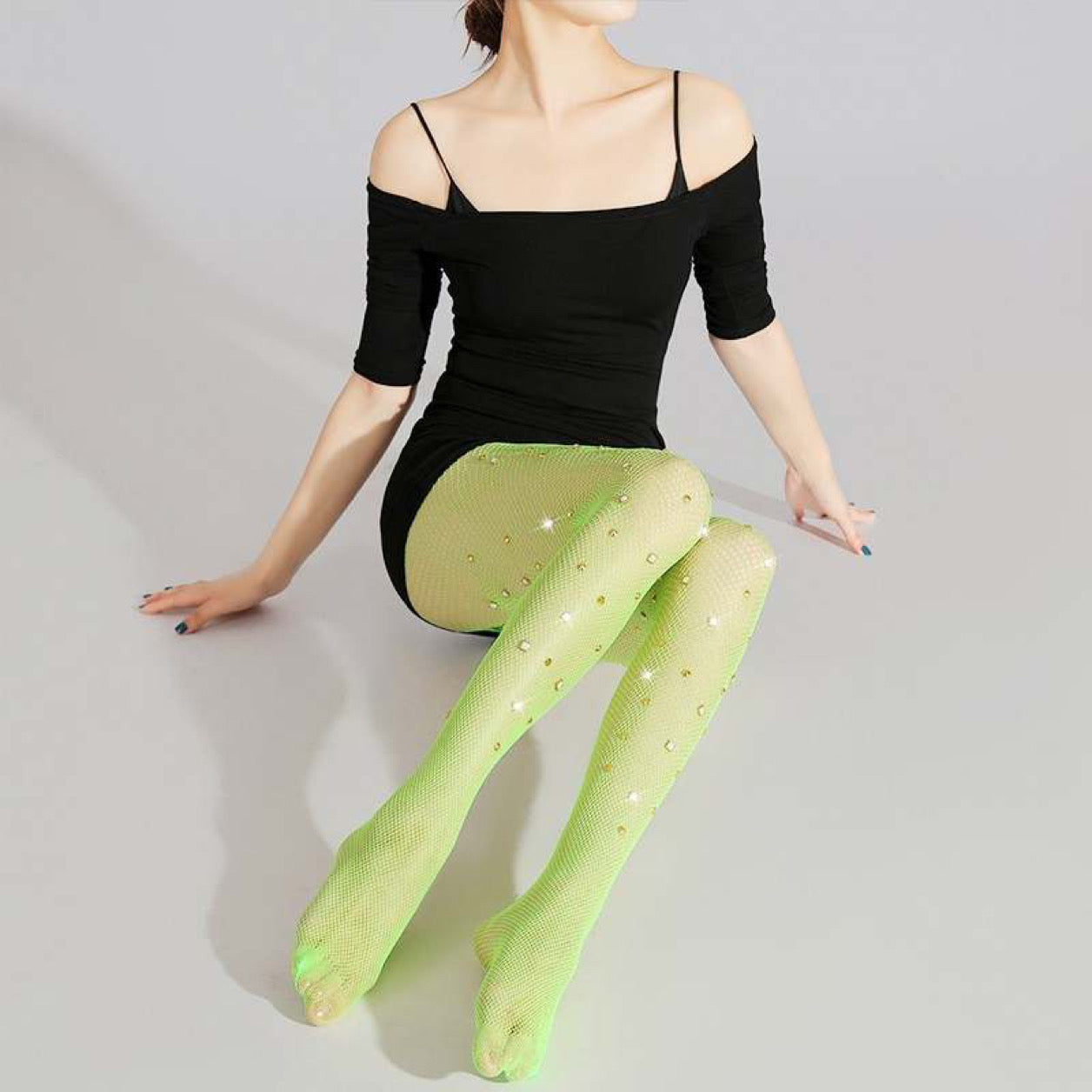 Large pearl & gold stones Fishnet Stockings - Lime Green Neon – Dropashoe