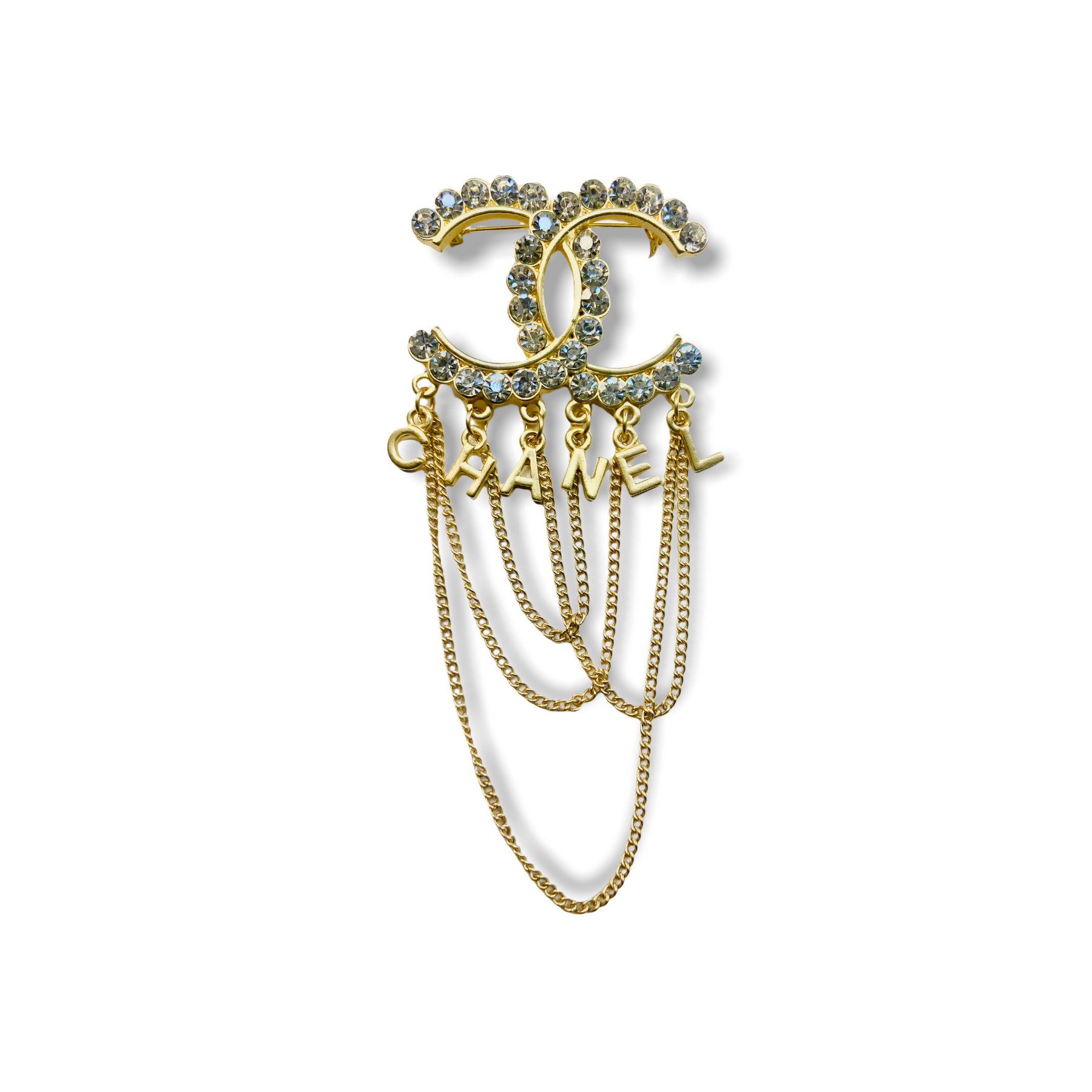 CC Inspired - Gold Chain Rhinestone Plated Brooch Pin – Dropashoe